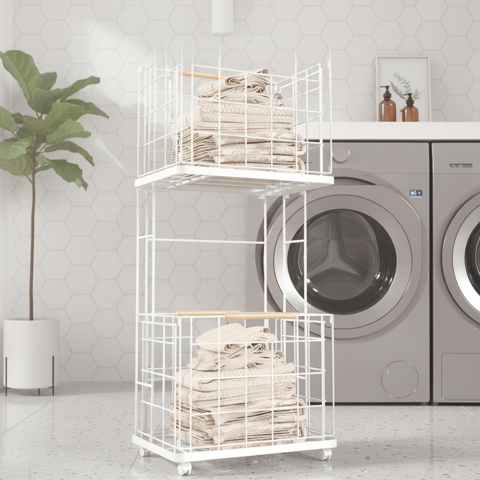 Removable dirty clothes basket with two spacious compartments