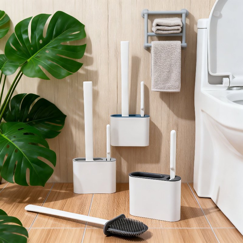 Bathroom Wall Mounted Toilet Brush Set, 2 Brushes & 1 Holder, Flexible Cleaning