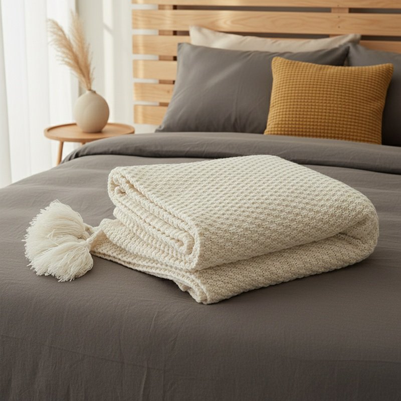 Scandinavian knitted woolen blanket draped over home office chair