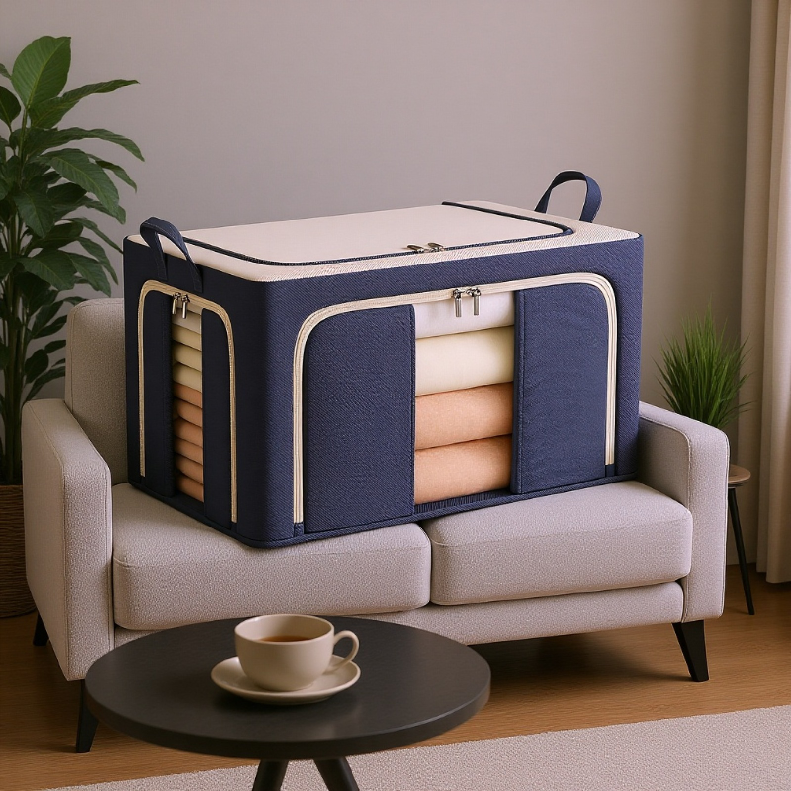 収納ボックス 折りたたみ 衣装ケース 【天面・前面・側面 3方向開閉】 鉄骨フレーム スタッキング 布団収納ケース 衣類 整頓ボックス 中身が見える窓付き 大容量 防塵 防湿 耐荷重 66L/100L