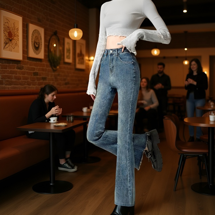 여성 하이웨스트 조거 스판 슬림핏 데님 팬츠 봄 퍼플레어 데님 팬츠