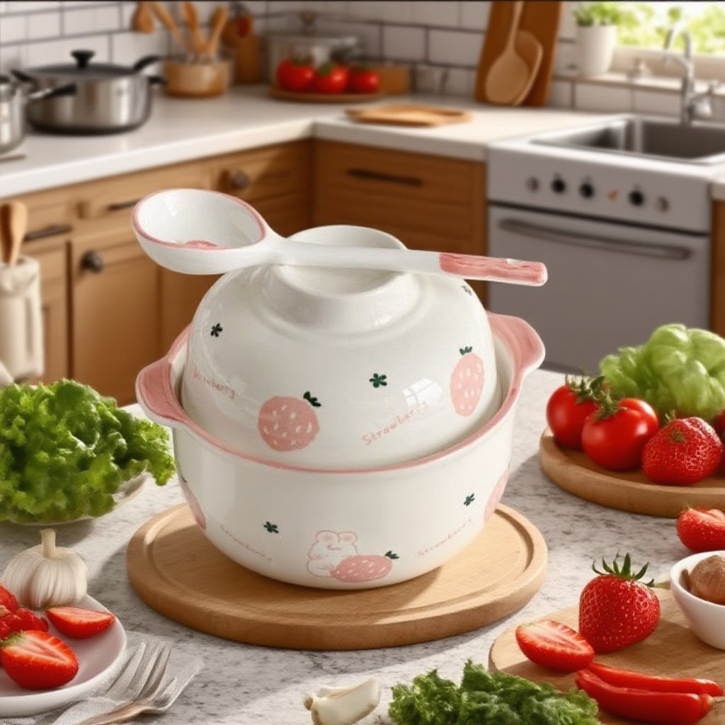 뚜껑과 손잡이 두 개가 달린 귀여운 세라믹 그릇