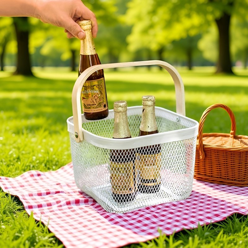  Portable Metal Mesh Fruit Basket with Wooden Handle for Home & Kitchen