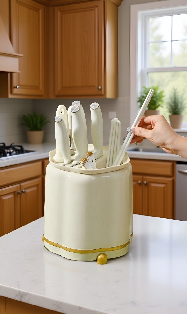 조리대 위에 설치된 회전식 칼꽂이 선반