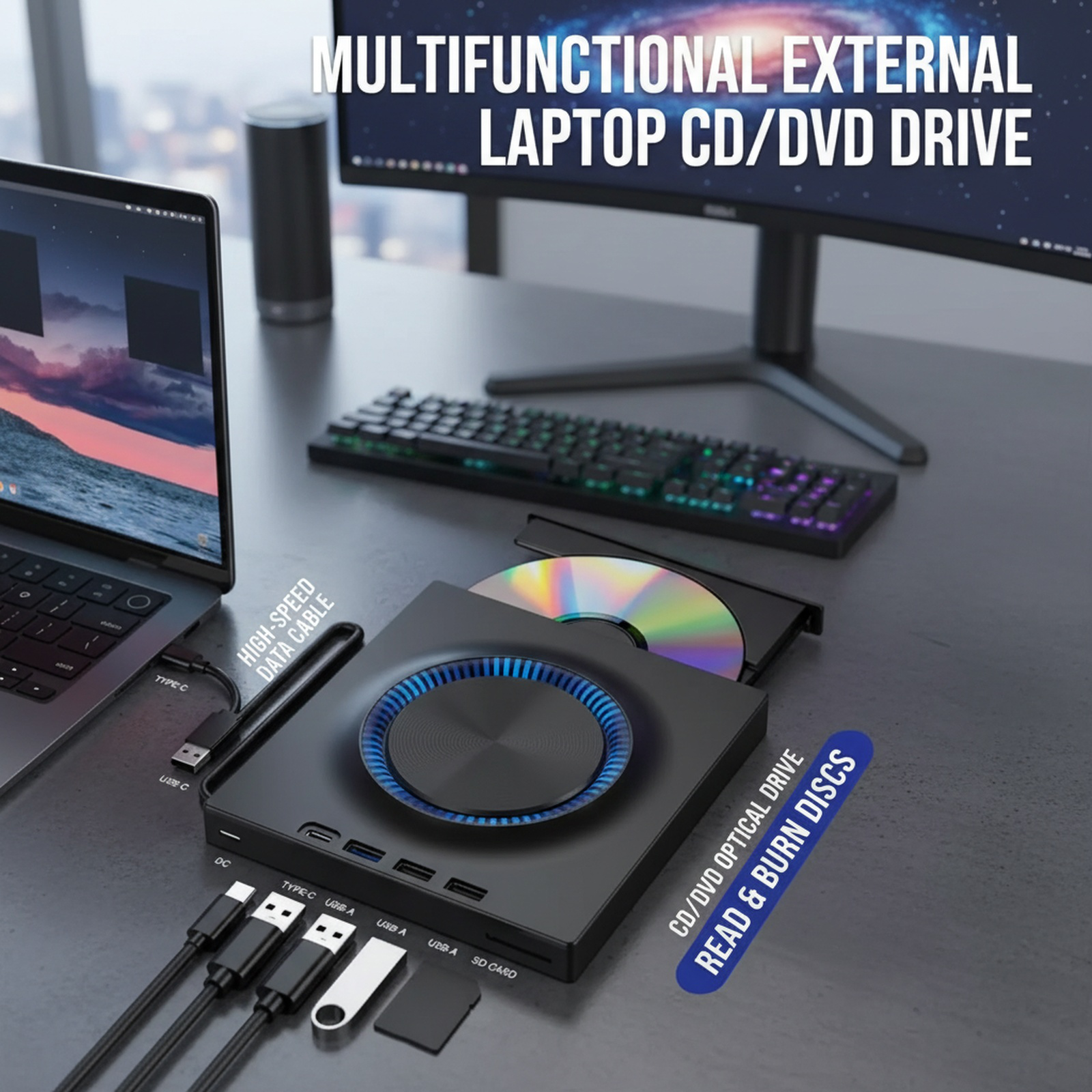 USB External Optical Drive Portable DVD Burner, Compatible with Desktop and Laptop