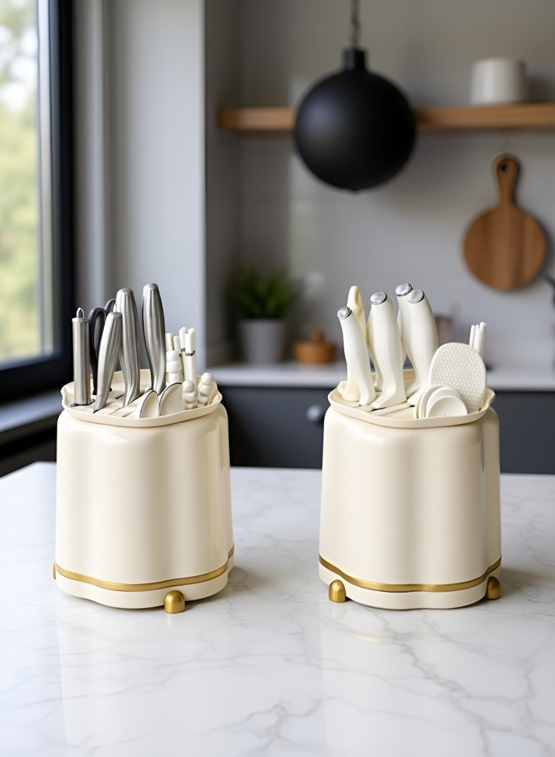 주방용품을 효율적으로 정리한 수납 선반