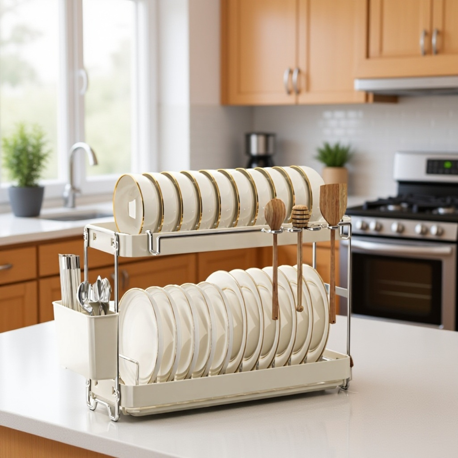 新しいステンレススチール製のボウルとプレートの排水ラックキッチンラックシンクの食器用排水バスケット食器収納ラック