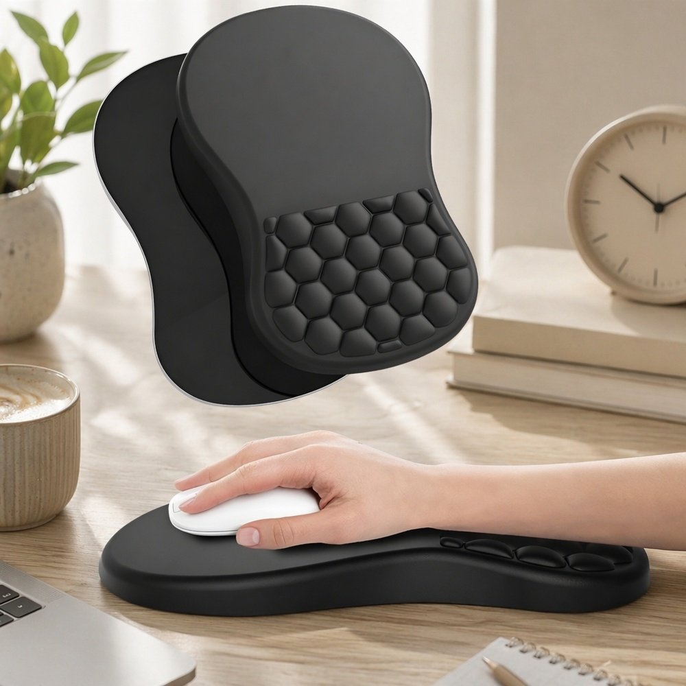 Sloping wrist rest mouse pad, pure black, minimalist design, foamed PU base, wrist support pad with 