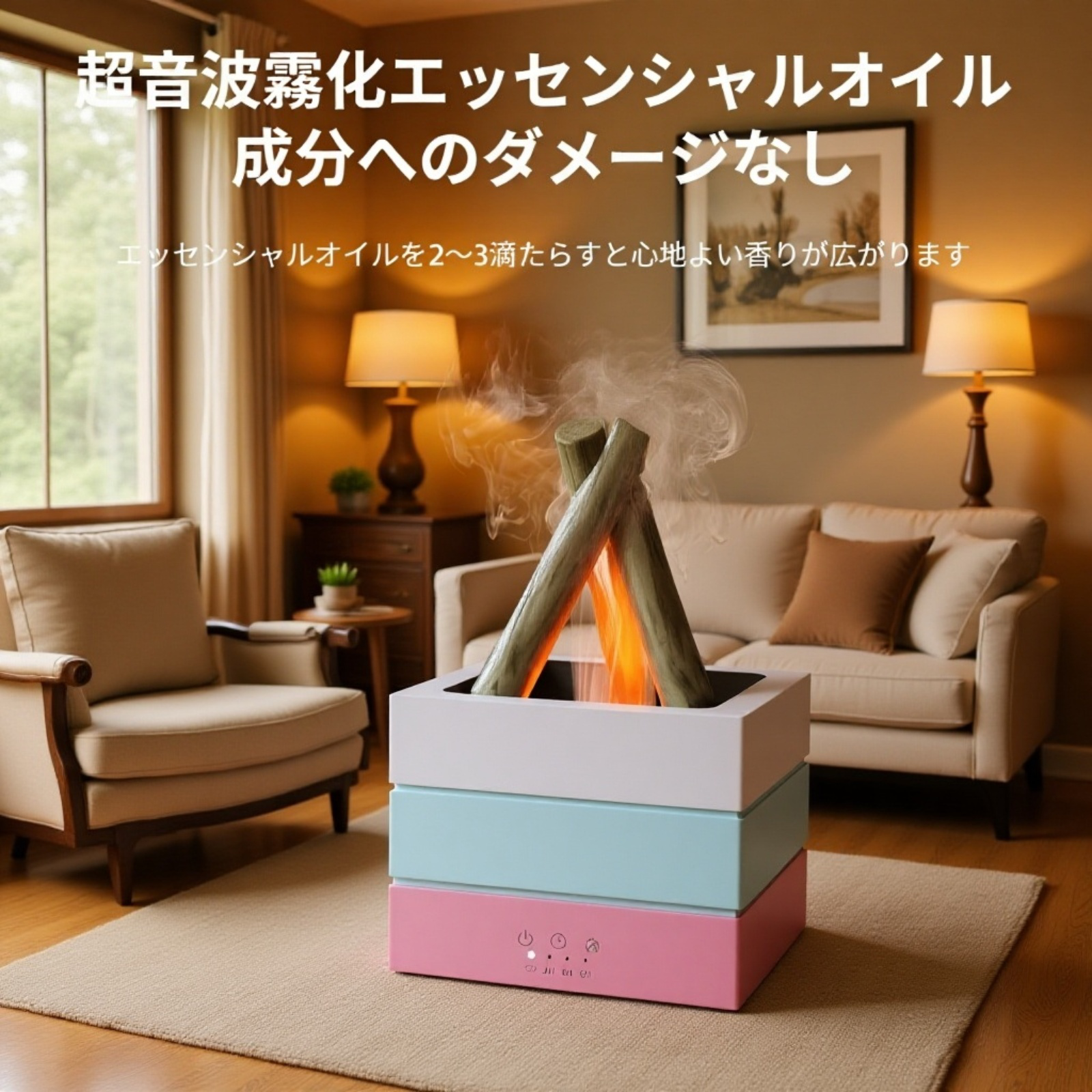 焚き火風加湿器 オフィス用七色炎アロマディフューザー