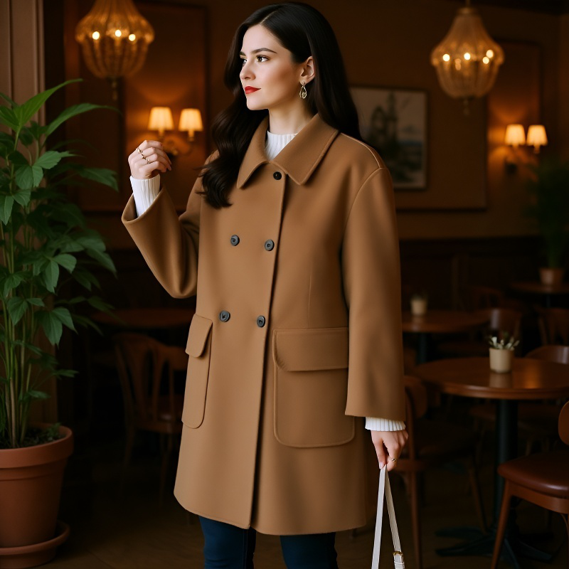 韓国風スリムフィット中長丈ウールコート レディース