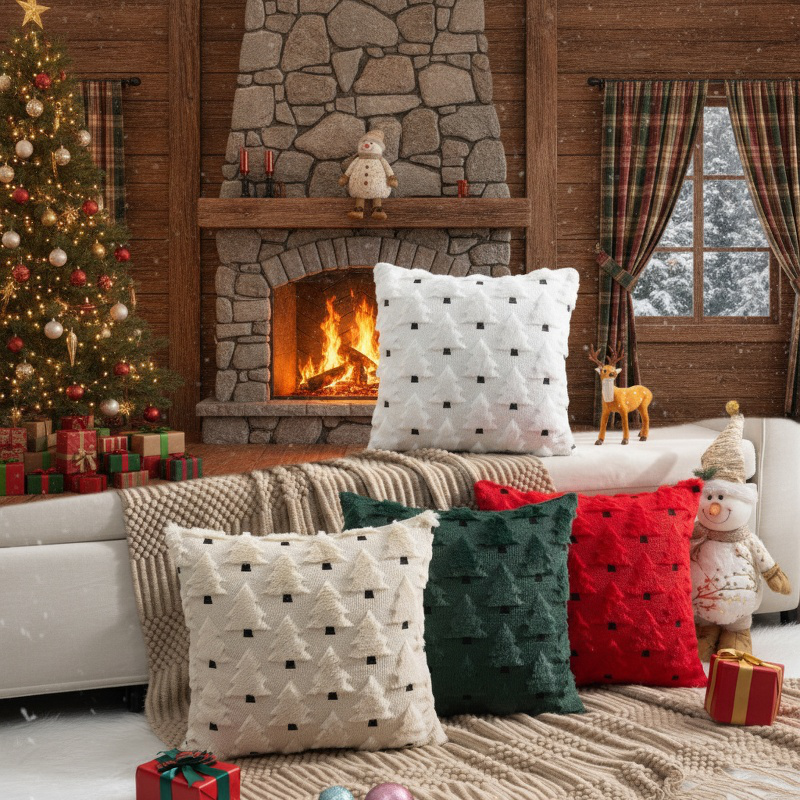 Holiday cushion cover with cute embroidery on sofa