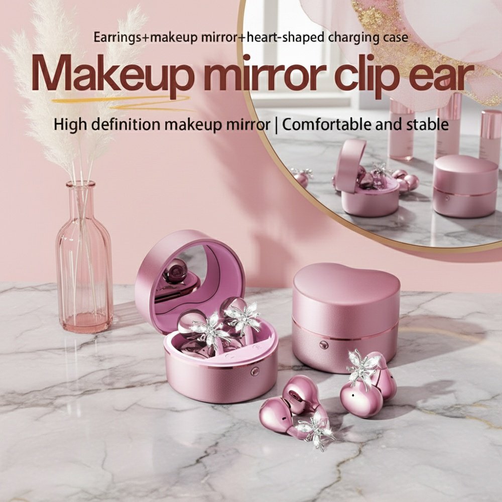 High-value wireless Bluetooth earbuds with butterfly ear clips, heart-shaped charging case, and make