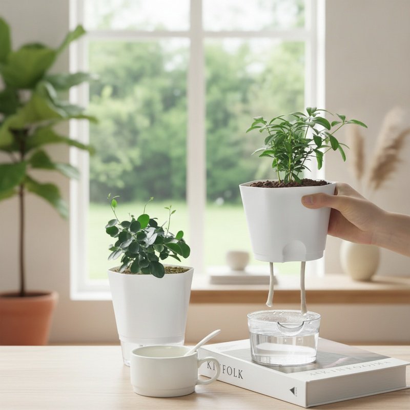 Plastic resin self-watering planter with ceramic look