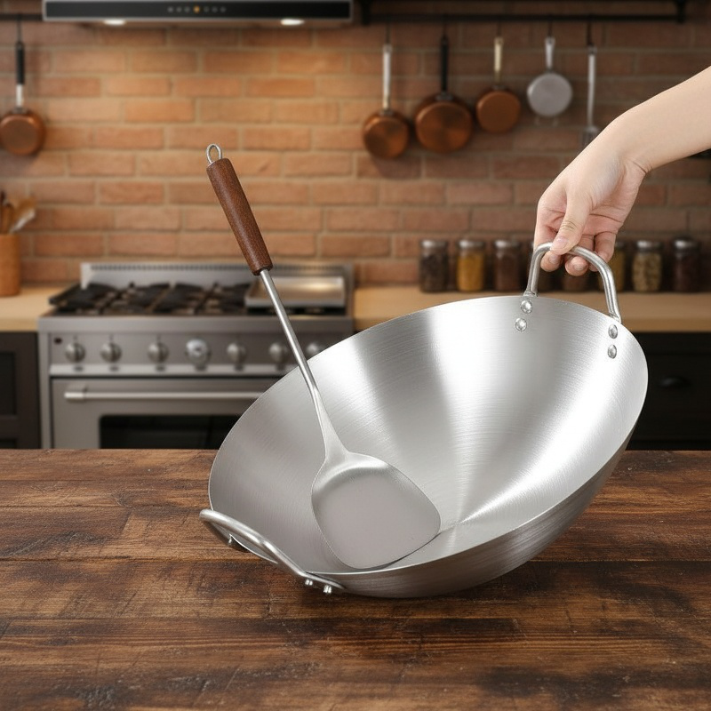 Large Stainless Steel Frying Pan for Restaurant, Double Ear Chef Frying Pan