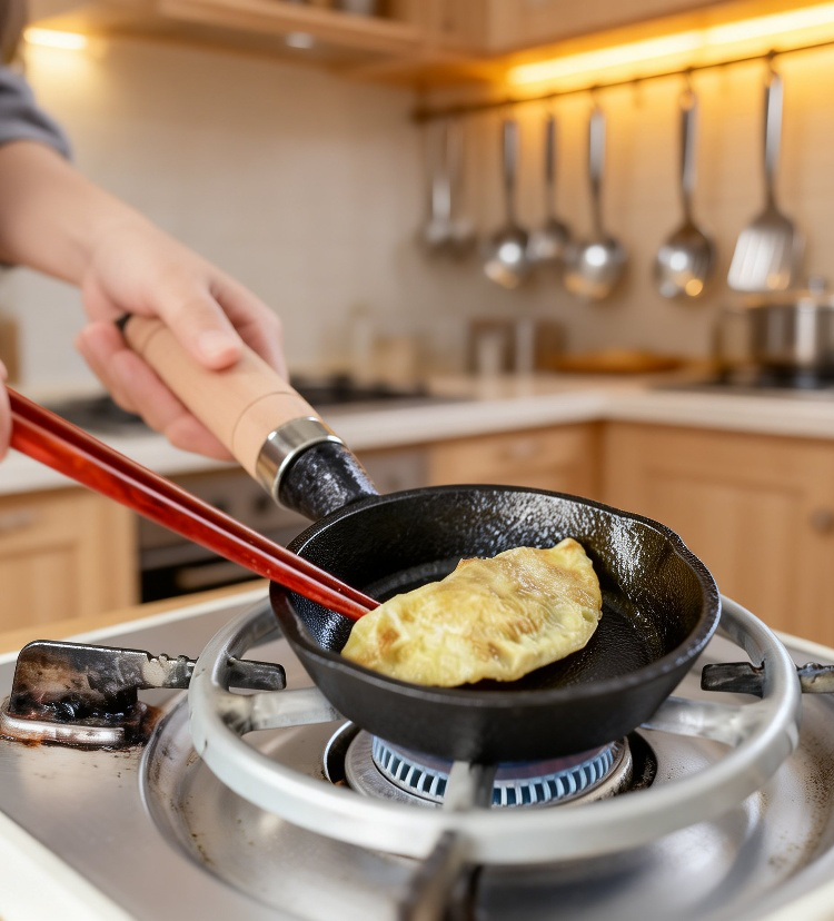 Detalle del mango ergonómico de la sartén de hierro