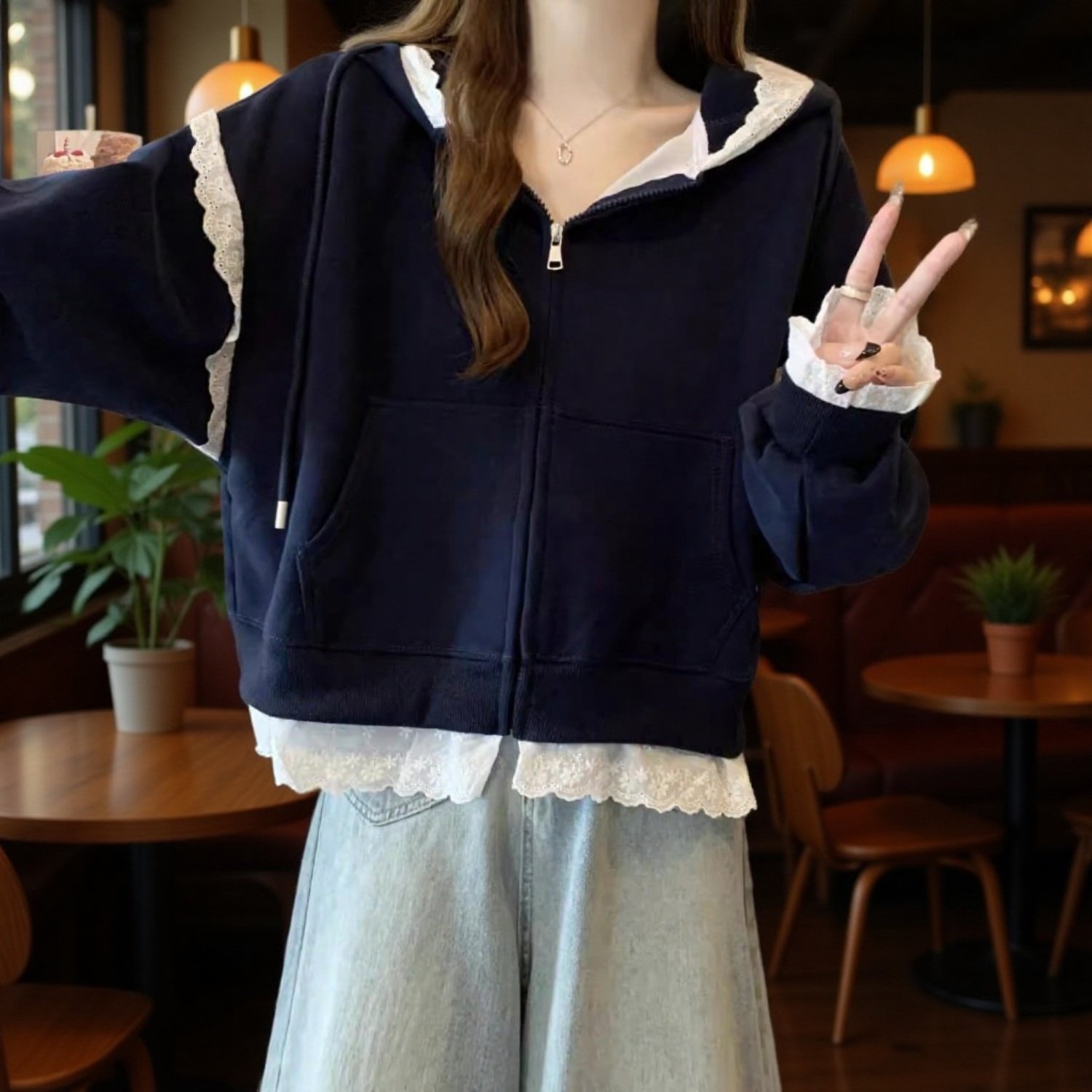 ヨーロッパ風レースフード付きパーカー・大きいサイズ・スリム効果・春秋新作