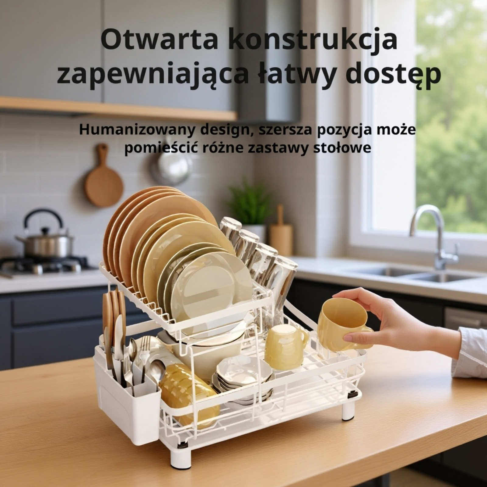 Dwupoziomowy zdejmowany stojak na suszenie naczyń z koszem