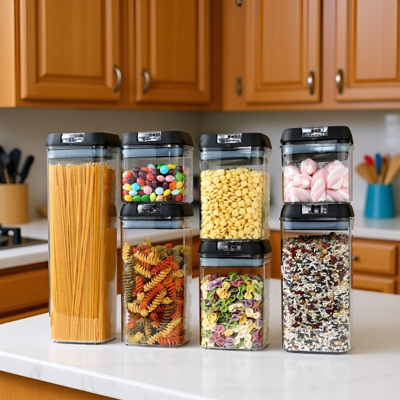 Set de 7 envases de cocina para cereales y pasta, recipientes plásticos con tapa hermética