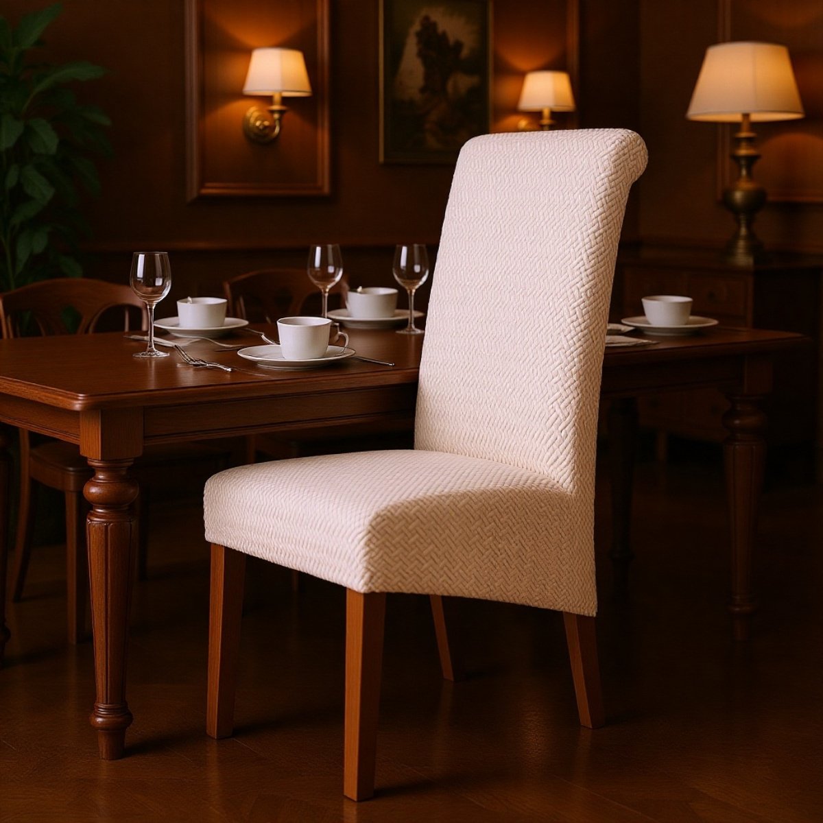 Chaise de salle à manger en tissu jacquard extensible, dossier haut, pour hôtel