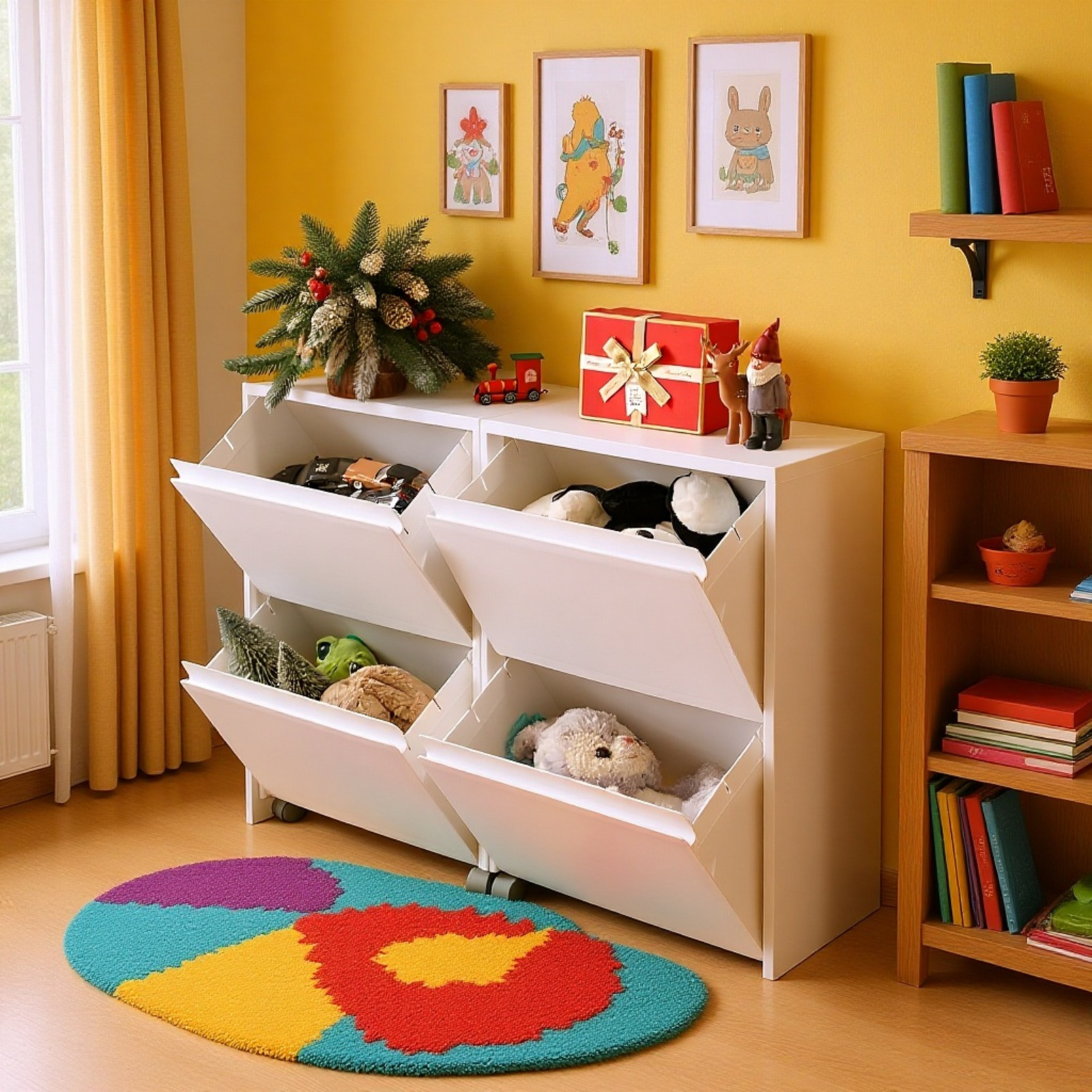 Toy Storage Cabinet with Wheels, Home Living Room Organizer
