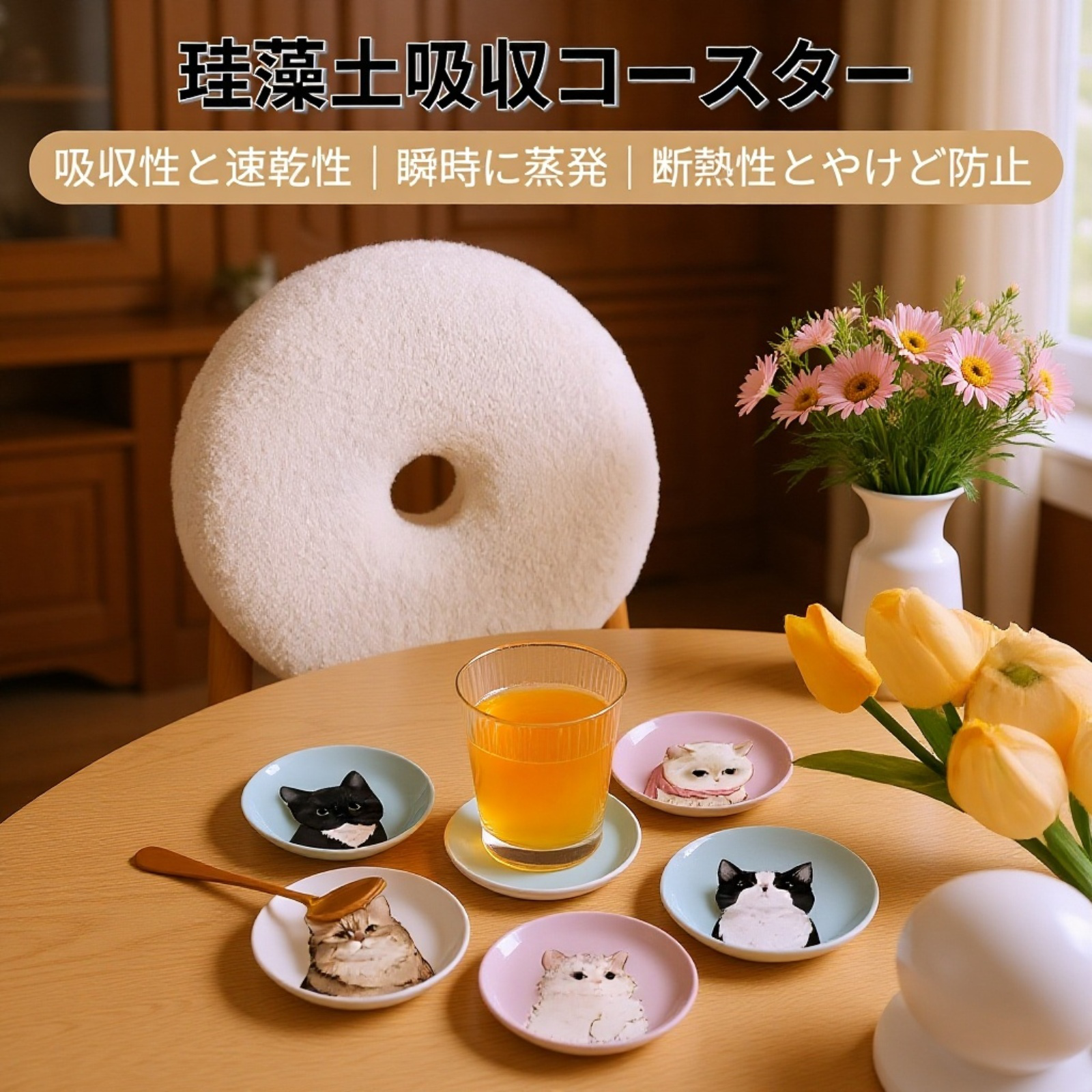 可愛い猫柄の珪藻土コースター・歯ブラシマット