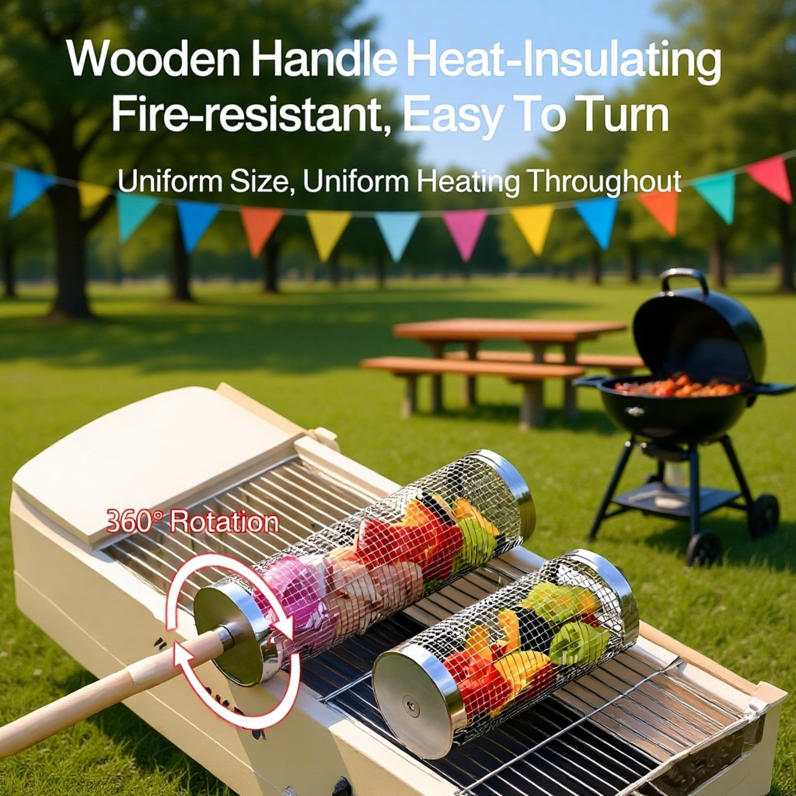 Portable Outdoor BBQ Basket, Rotating Cylinder BBQ Grill, Upgraded Wooden Handle Design
