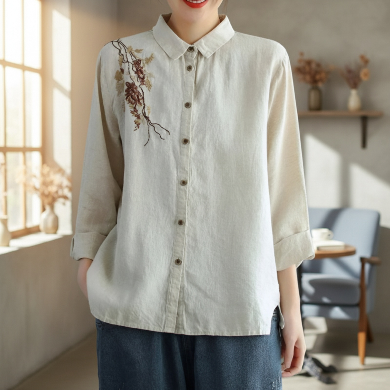 カジュアル刺繍入り長袖綿麻シャツ