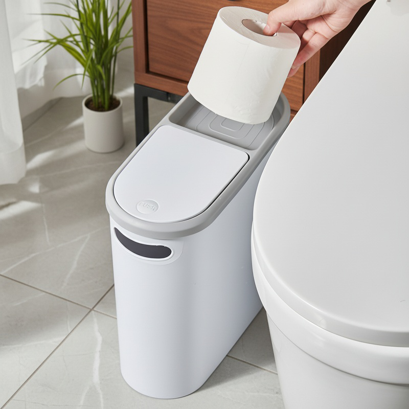 Space-saving trash bin with push-button lid for easy waste disposal