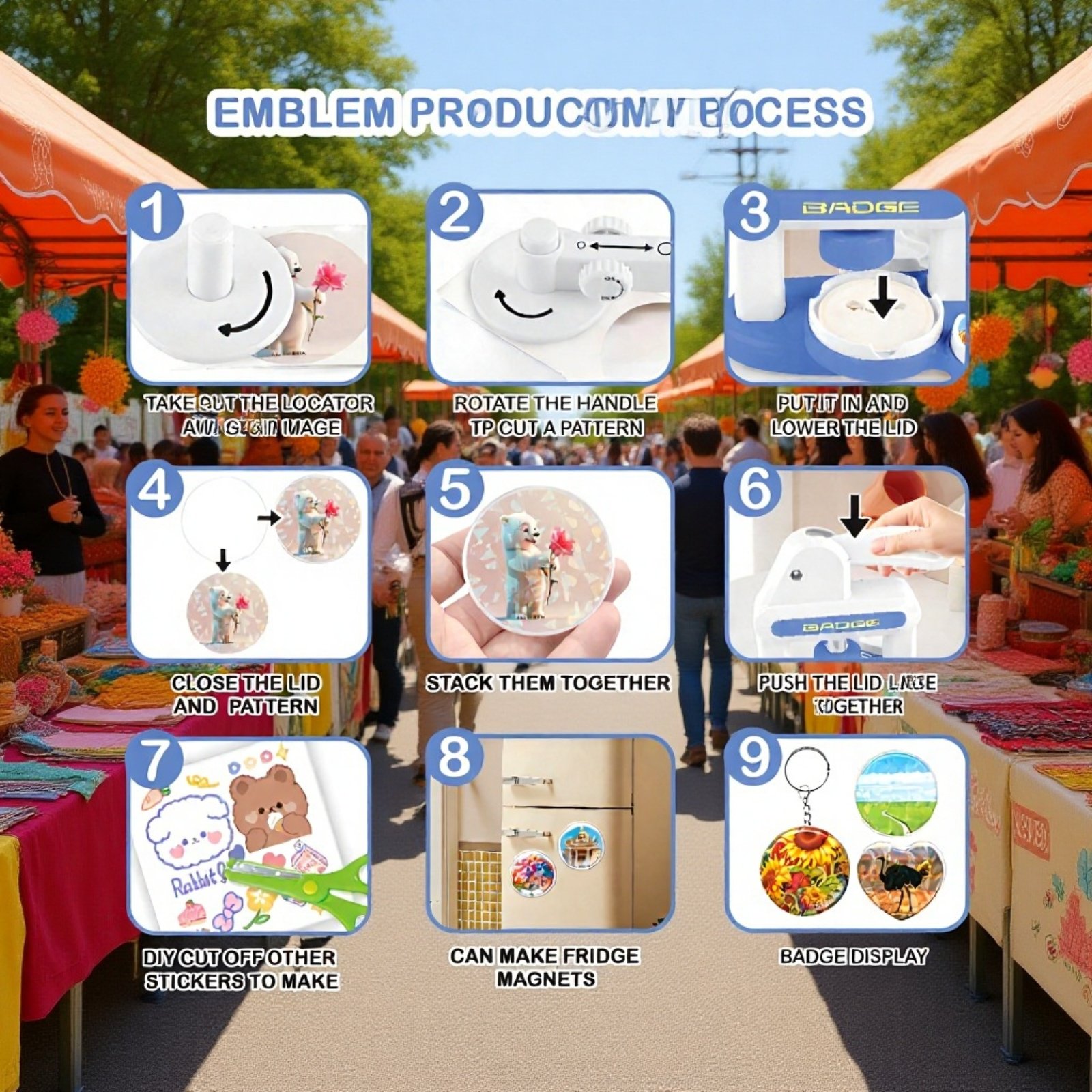 Vista frontal de la máquina para hacer insignias manual