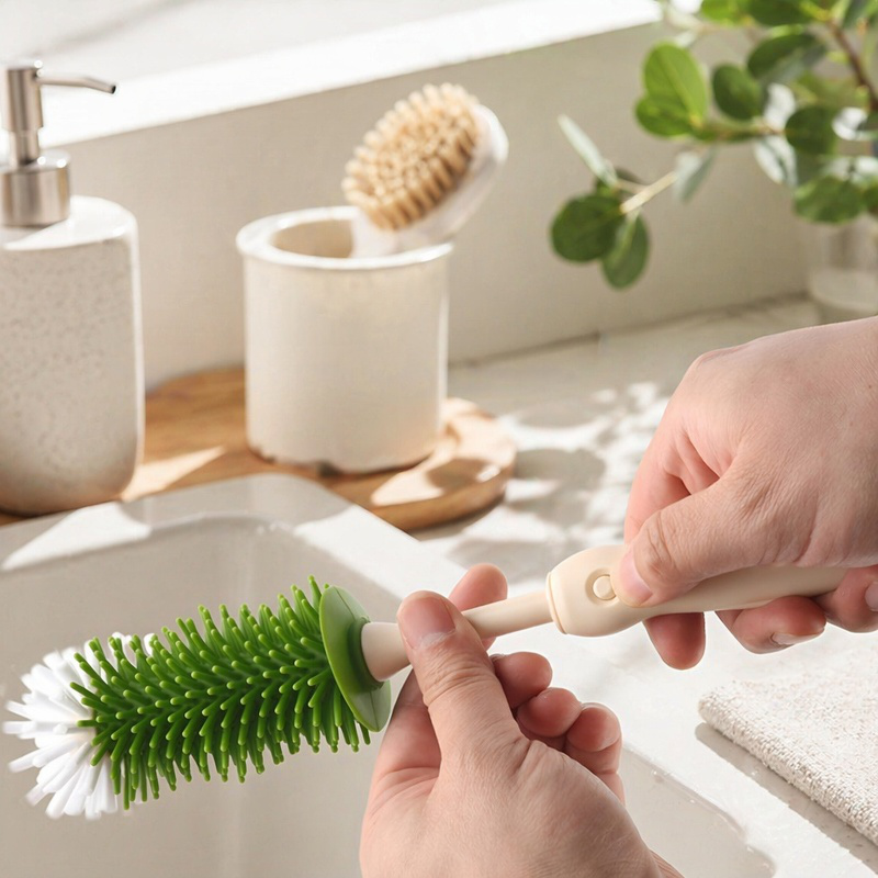 Silicone bristle bottle brush with gap cleaning design