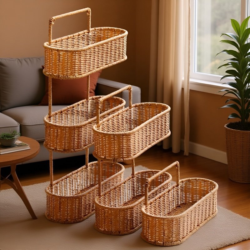Multi-Layer Rattan-Style Bathroom Shelf, No-Drill Kitchen Storage Rack