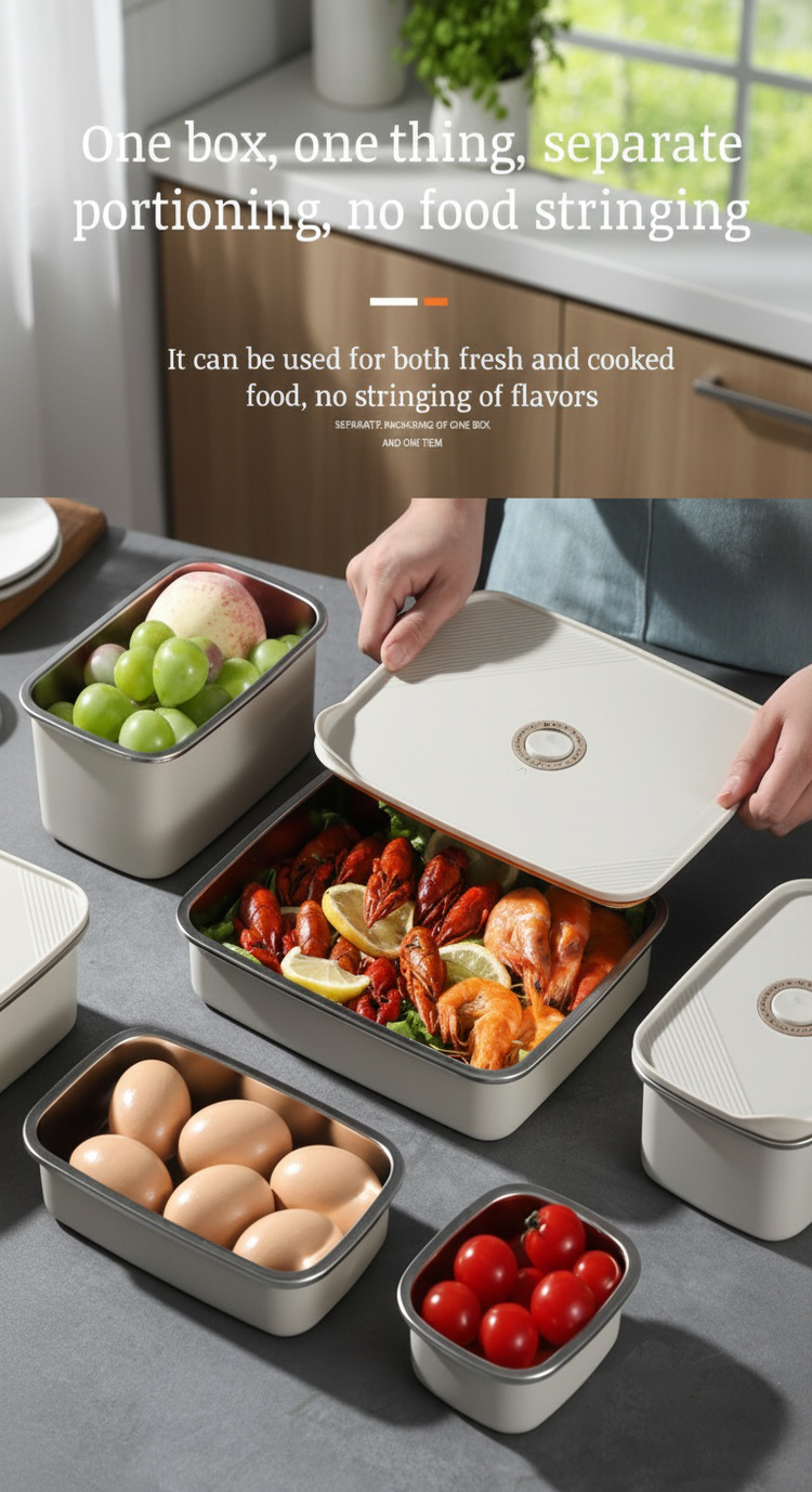 Airtight crisper boxes storing fruits and meats