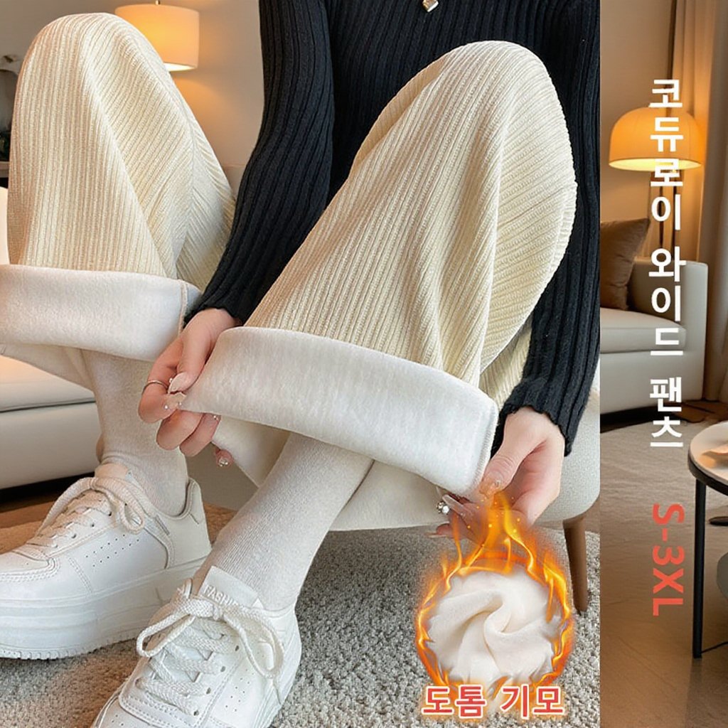  여성용 기모 코듀로이 스트레이트 팬츠