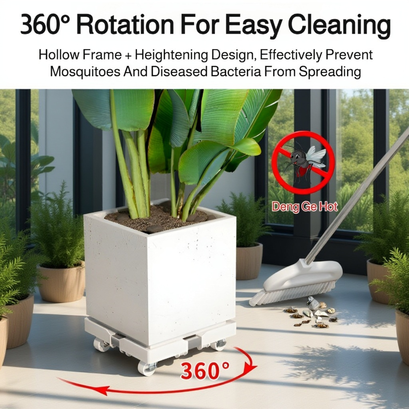 Square Plant Stand, Pot Holder Plate, Movable Plant Pot Stand with Casters, Adjustable Size, 360° Mo