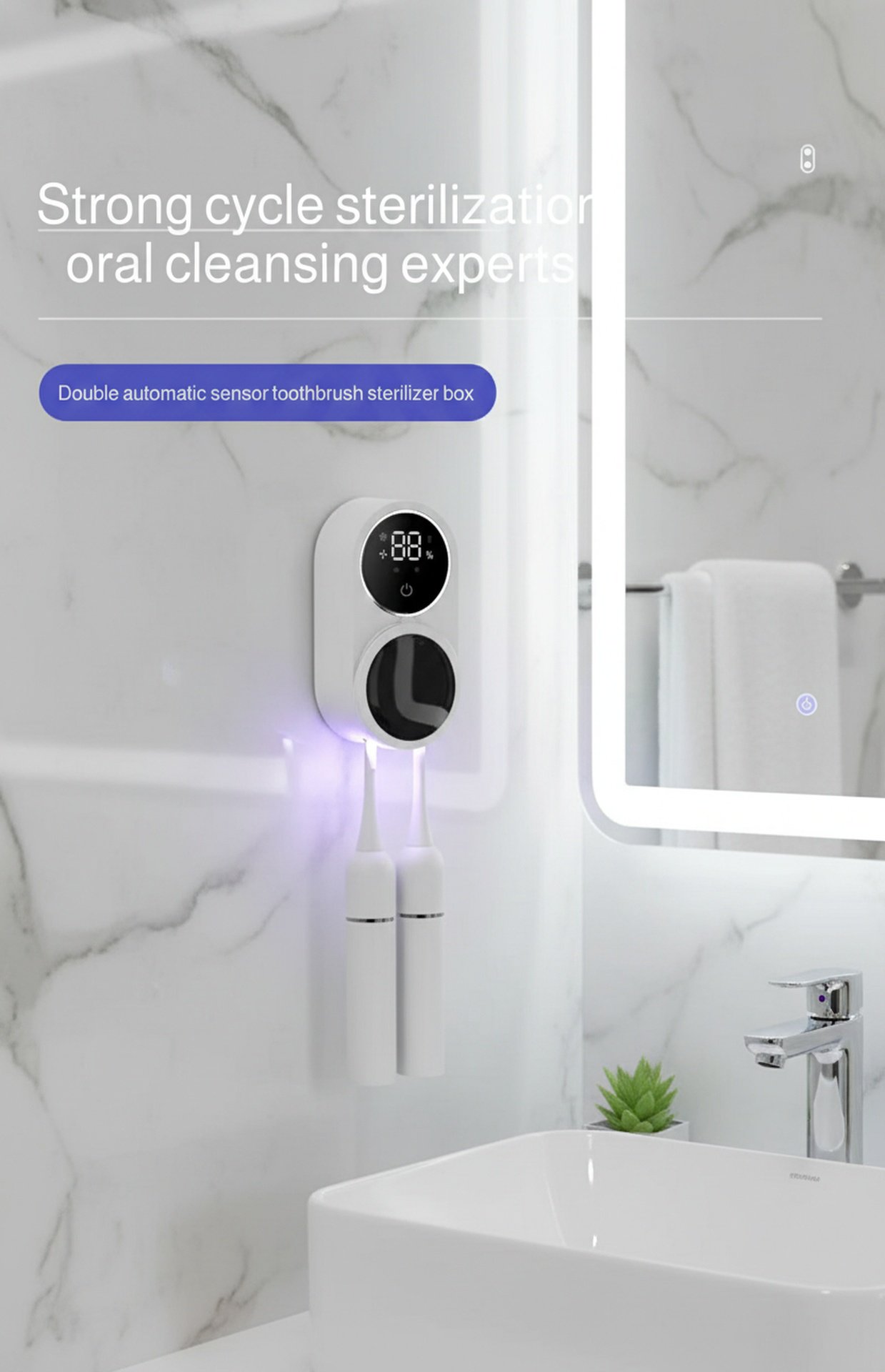 Double slot UV sterilizing toothbrush holder for family use