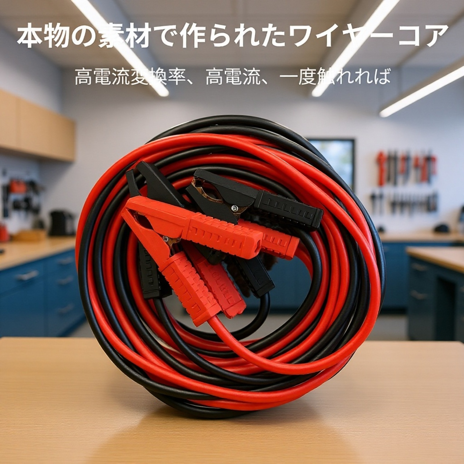 強力な3000A対応ブースターケーブルのクローズアップ