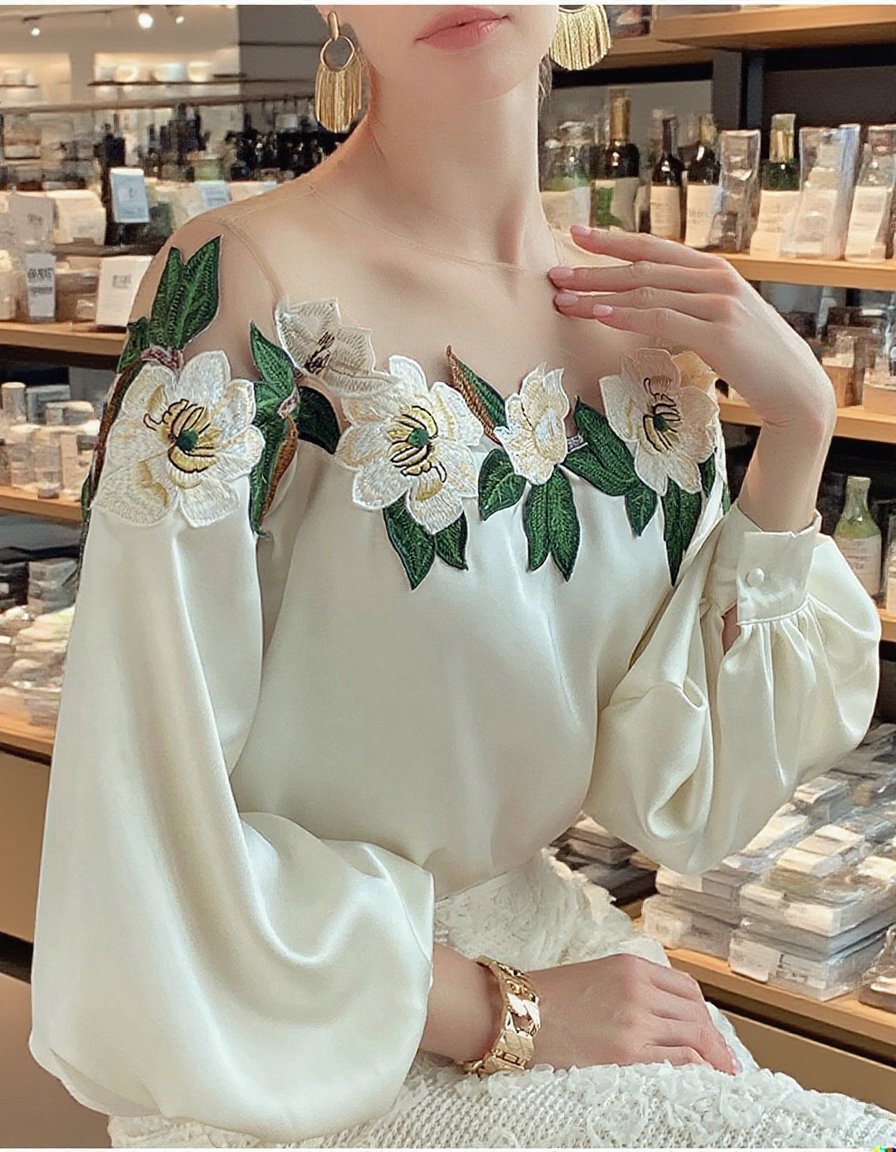 刺繍付きブラウスを着用した女性モデル