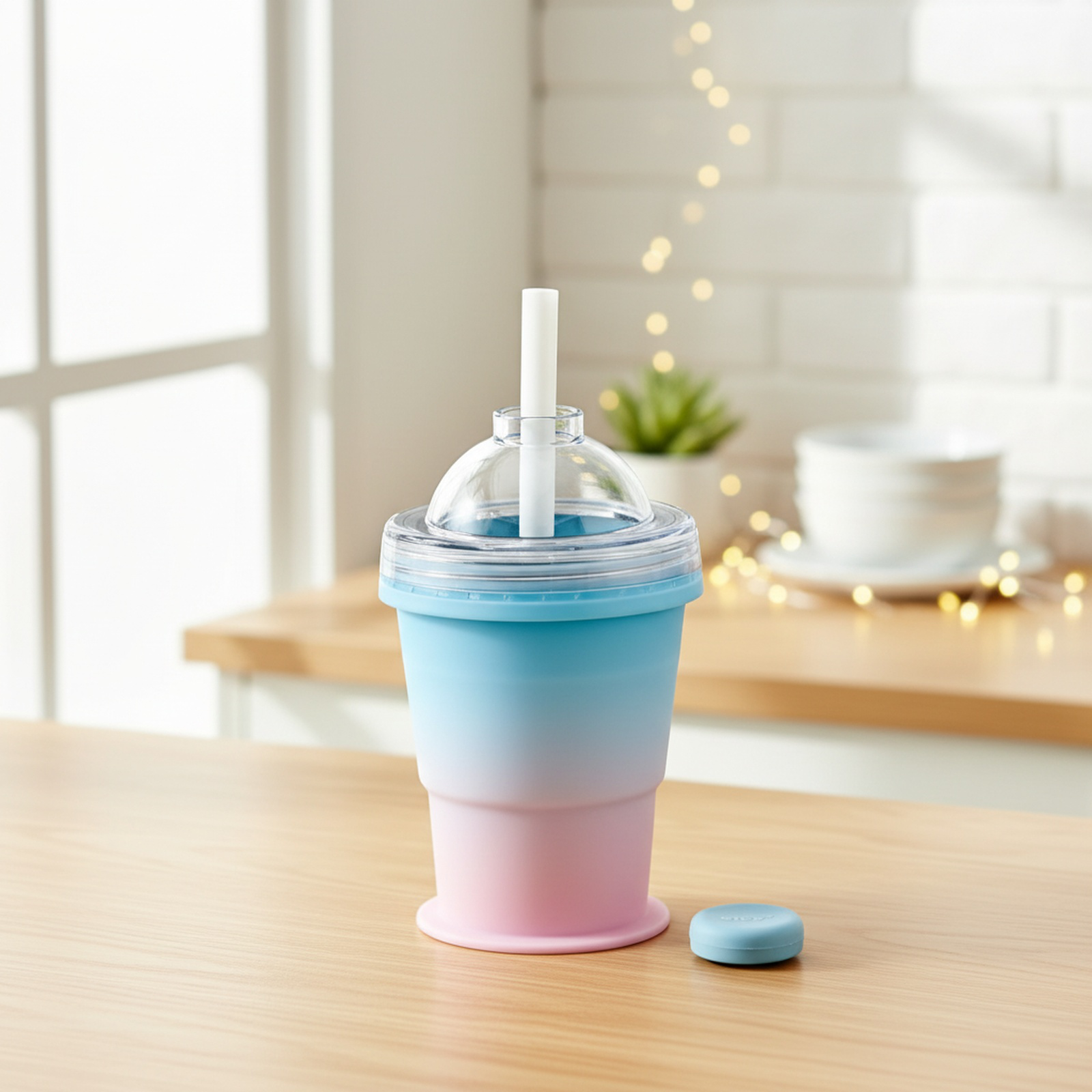 持ち運び可能な折りたたみ式アイスホッケーカップ。ストロー内蔵、食品グレードのシリコン製製氷カップ型付き。夏のアウトドアに最適です。