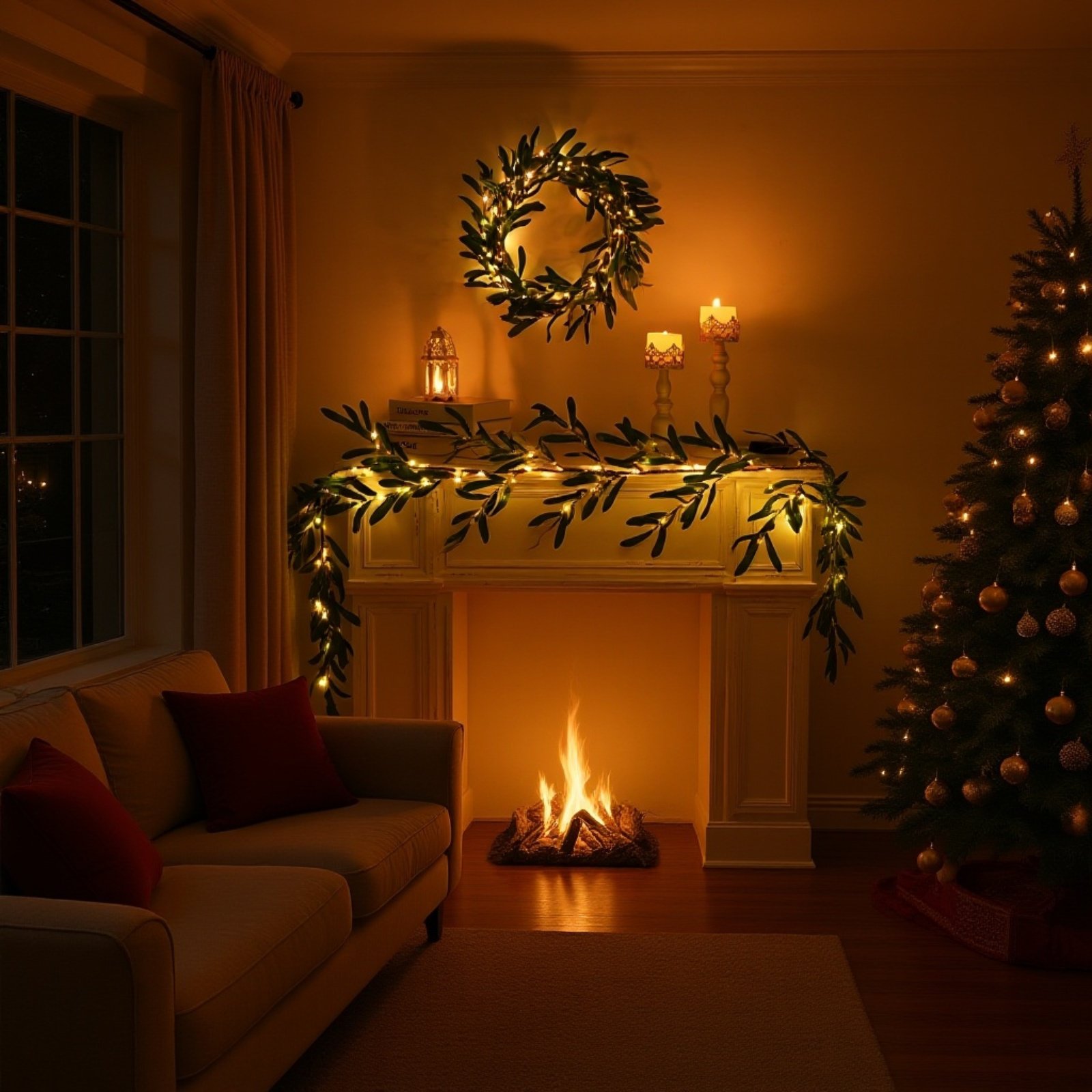 카페 인테리어에 활용된 크리스마스 트리 장식 조명