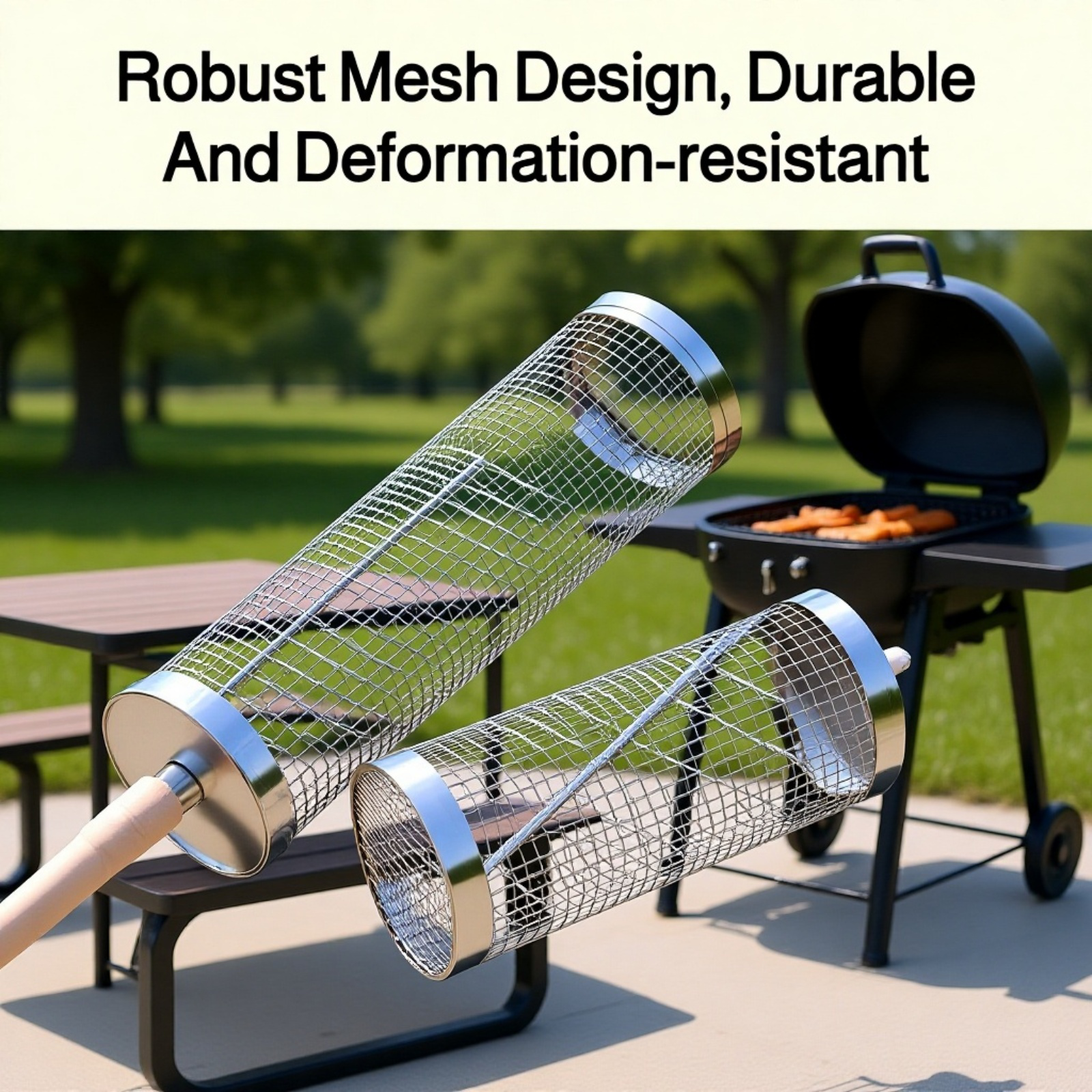Portable Outdoor BBQ Basket, Rotating Cylinder BBQ Grill, Upgraded Wooden Handle Design