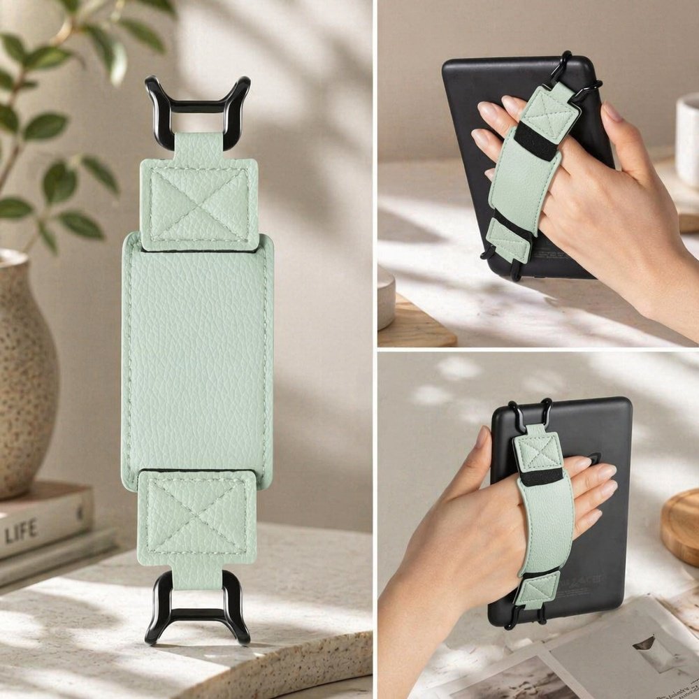 E-reader/tablet stand for one-handed operation, safe grip, drop-proof hand strap, buckle, and highly