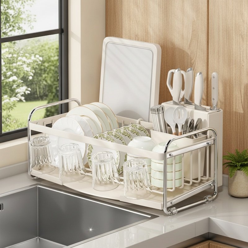Kitchen Countertop Multifunctional Drain Rack with Knife and Chopstick Holder
