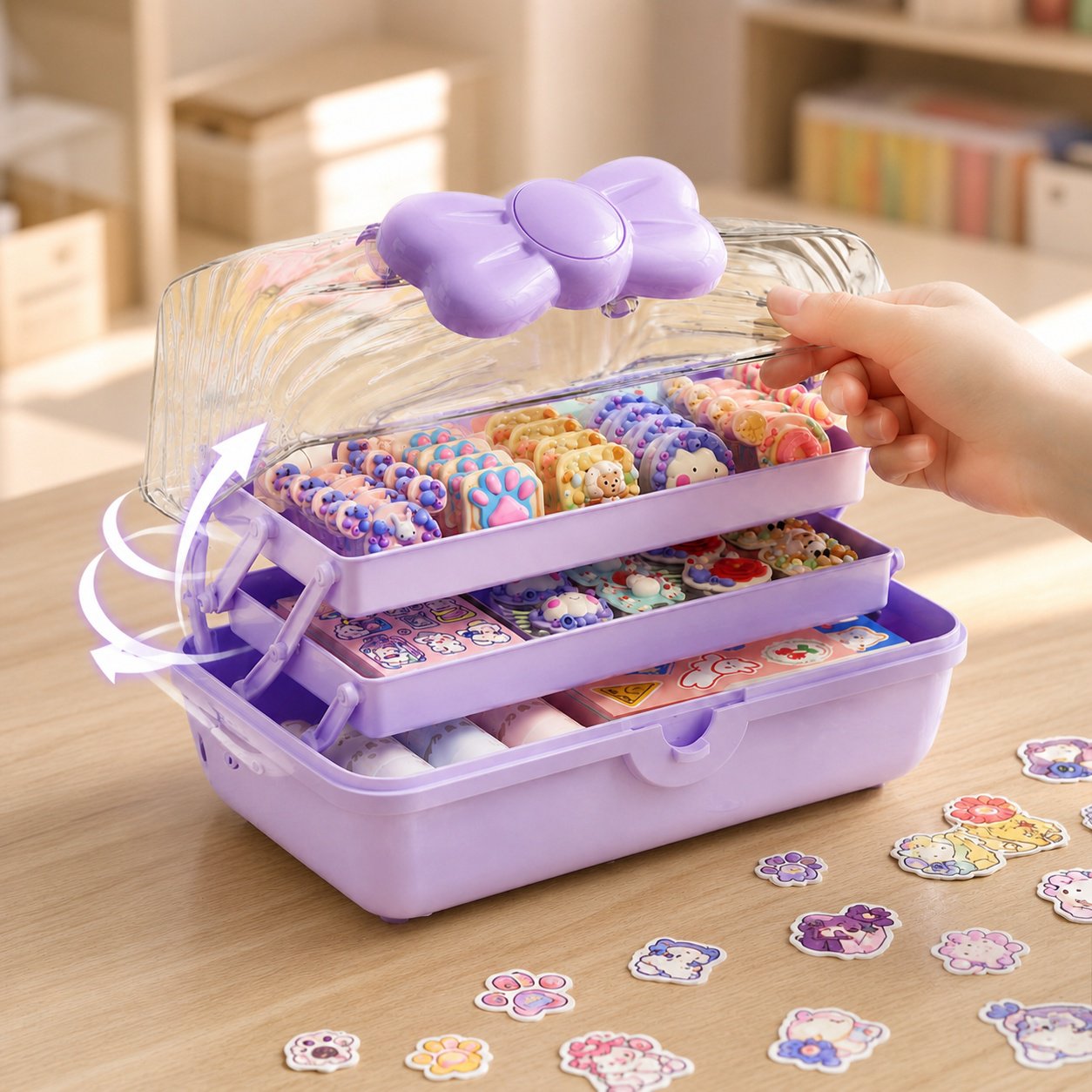 Transparent storage box displaying colorful hair clips