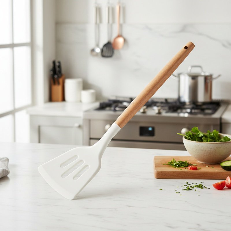 Heat-Resistant Wooden Handle Silicone Kitchenware 3-Piece Set (Soup Spoon, Spatula)