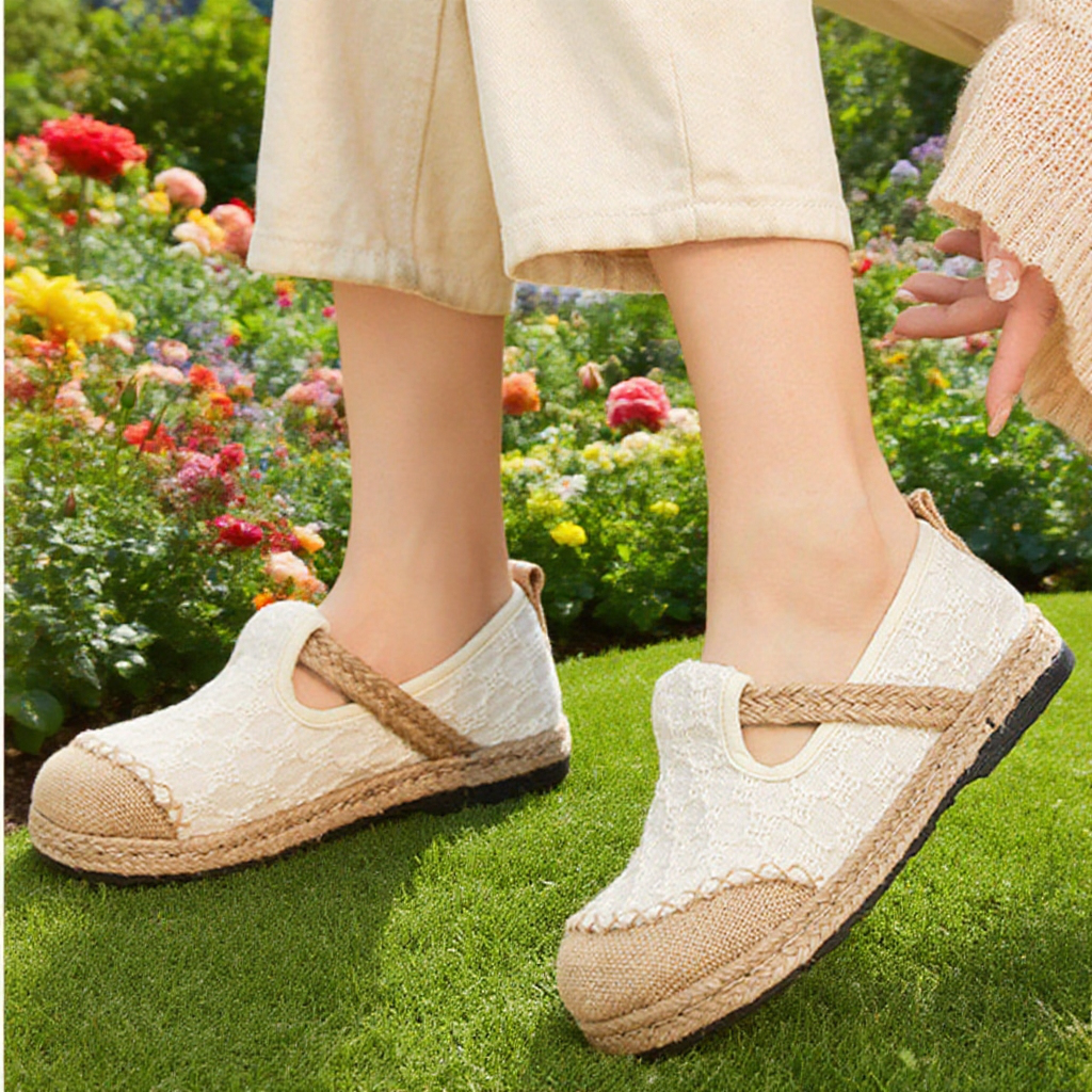 レディース綿麻布製フラットシューズ スリッポン