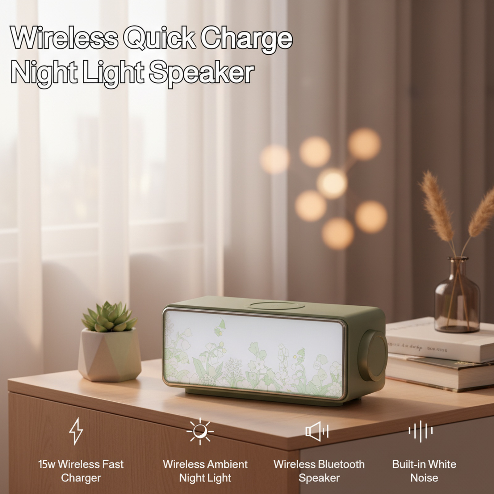 Painting Ambient Night Light Bluetooth Speaker on bedside table