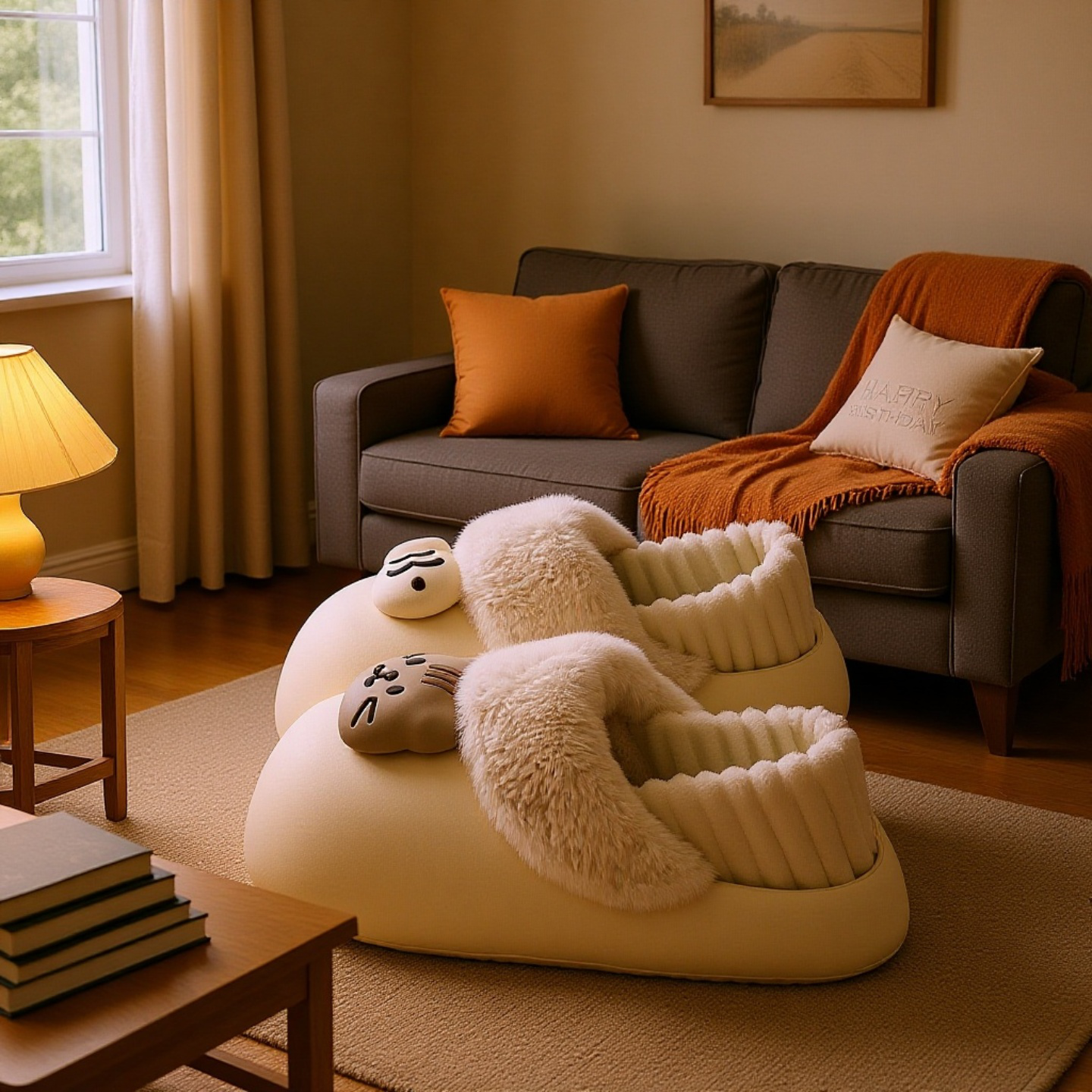 室内外両用猫デザインモコモコスリッパ 滑り止め加工