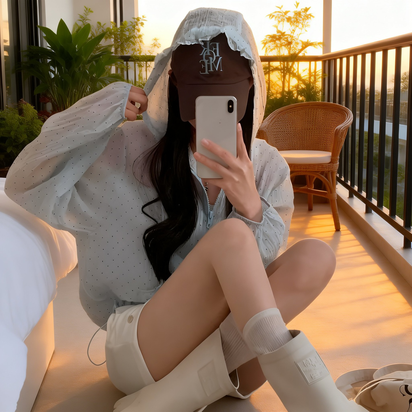 韓国風水玉模様のフード付き日焼け防止シャツ（女性用）