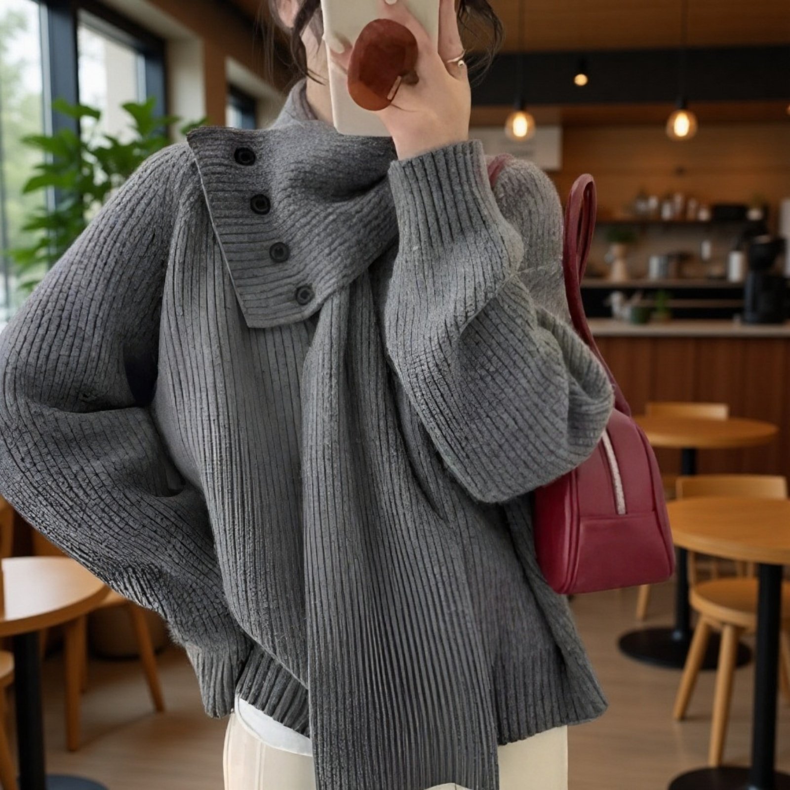 2025年新作 取り外し可能なスカーフ付きVネックセーター レディース 秋冬 ゆったりとしたハイエンドニットトップス