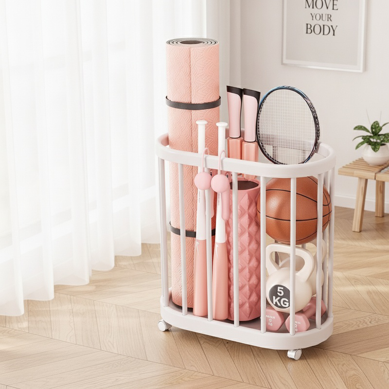 Home Fitness Equipment Storage Frame with Wheels Movable Yoga Mat Tool Storage Basket